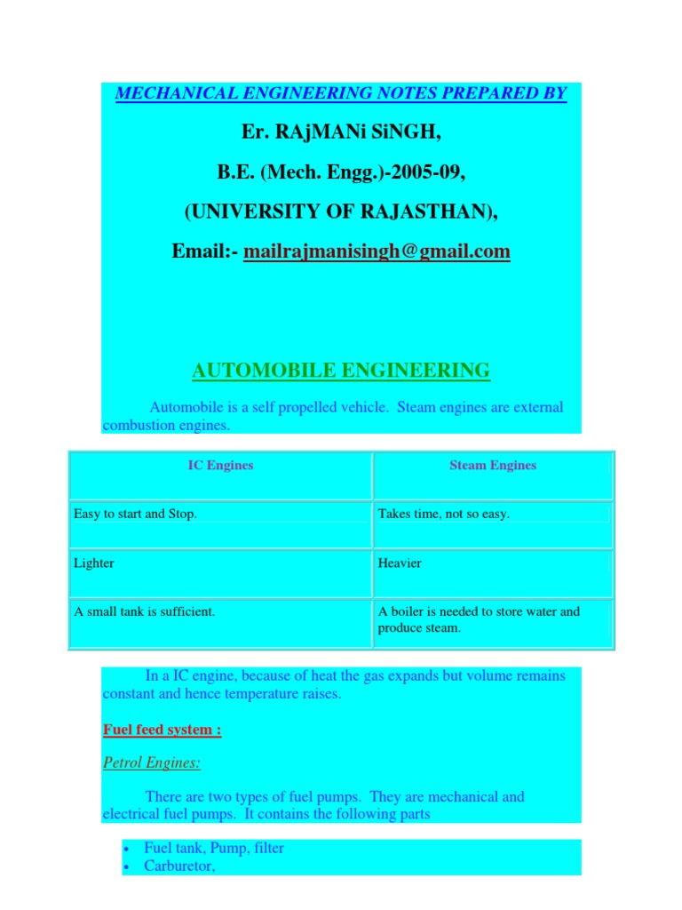 Mechanical Engineering Notes PDF Friction Internal Combustion Engine