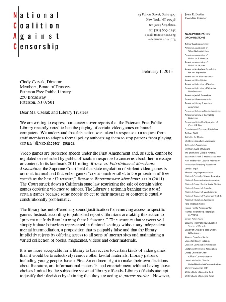 NCAC Letter To Paterson Free Public Library PDF First Amendment To