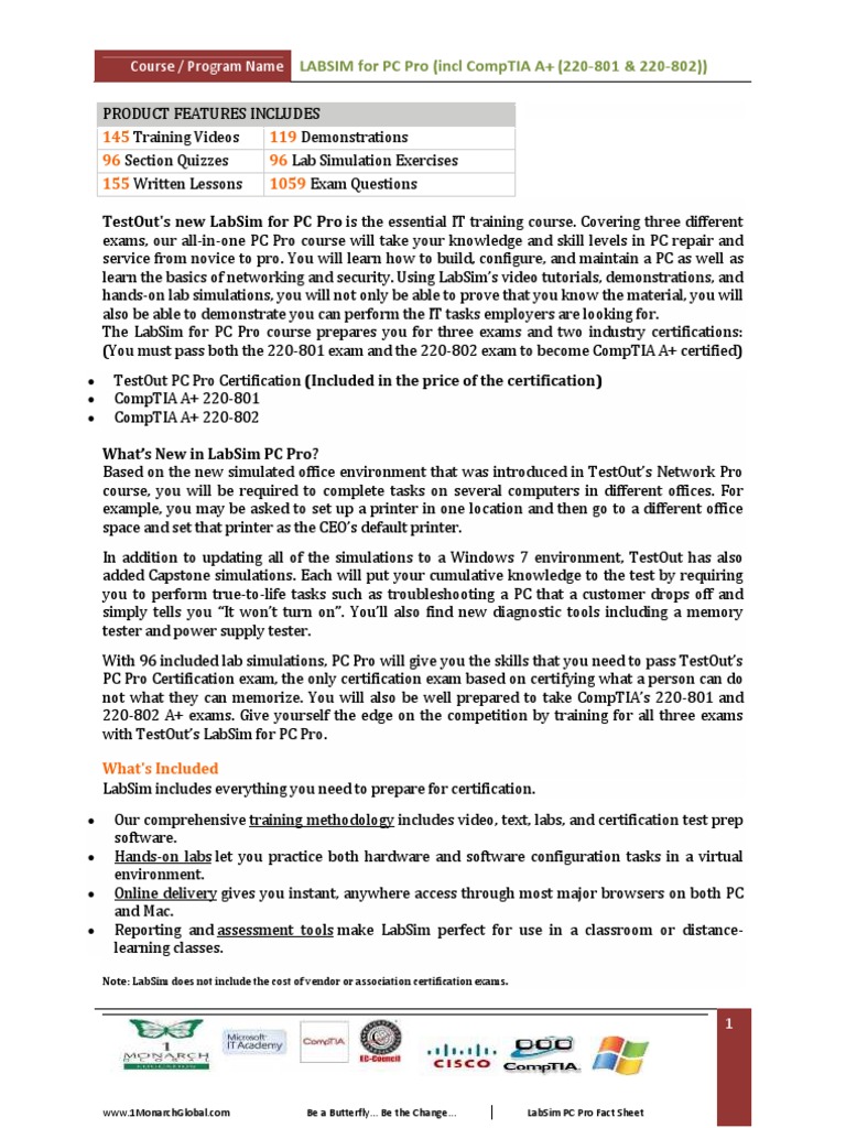 LABSIM For PC Pro (Incl. CompTIA A+ (220801 & 220802) ) PDF Comp
