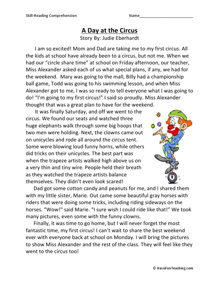 Worksheets Third Grade Reading Worksheets a day at the circus third grade reading comprehension worksheet leisure