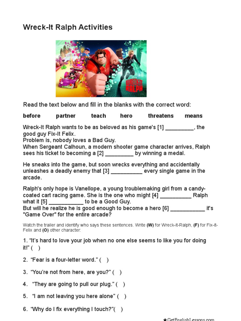 wreck it ralph esl movie worksheet