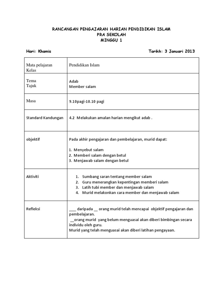 Rancangan Pengajaran Harian Pendidikan Islam Pra Sekolah
