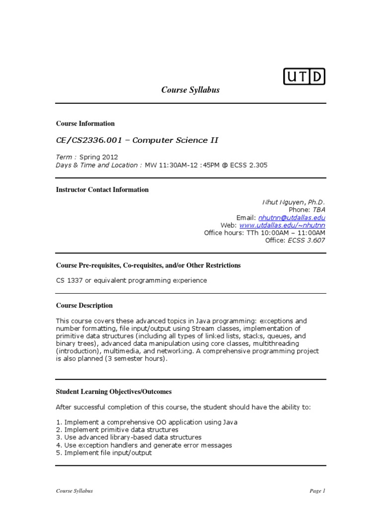 CS 2336 - UT Dallas - Syllabus | PDF | Academic Dishonesty | Plagiarism