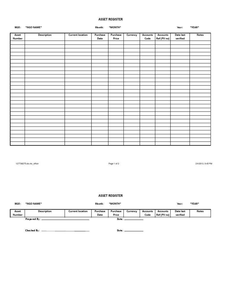 NGO Fixed Asset Register Template | PDF | Law