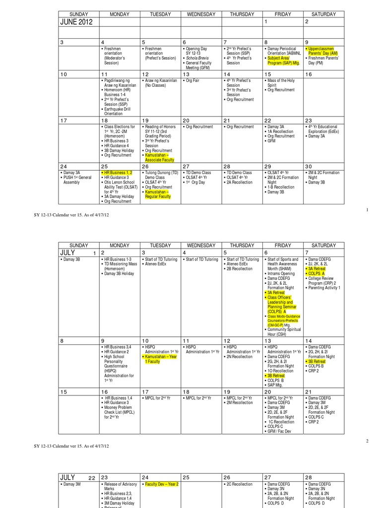 ADMU Calendar School Year 2012 to 2013 Traditions Observances