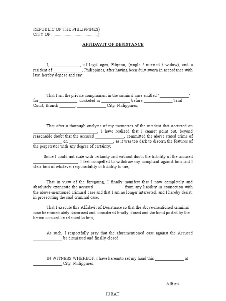 affidavit of desistance