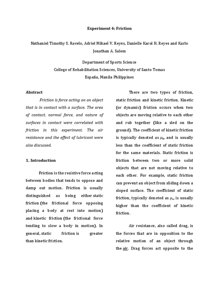 PHYSICS - Experiment 4 | PDF | Friction | Drag (Physics)