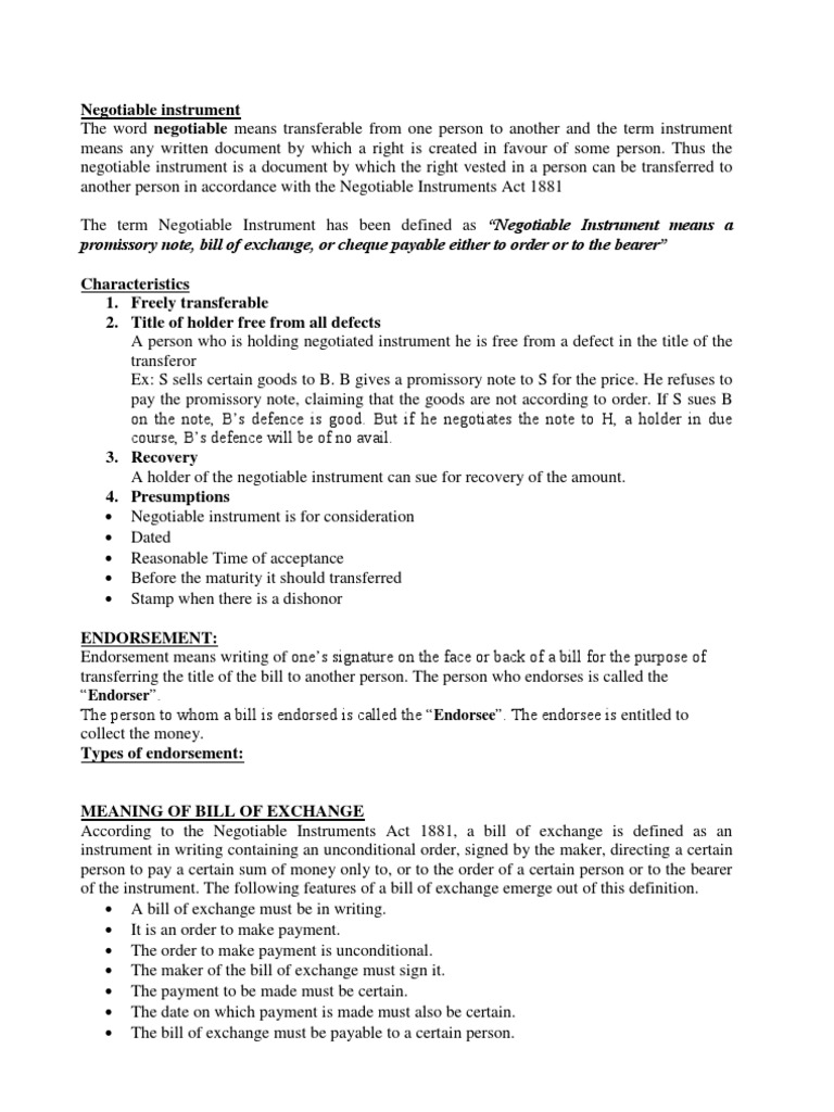 Negotiable Instrument Promissory Note, Bill of Exchange, or Cheque