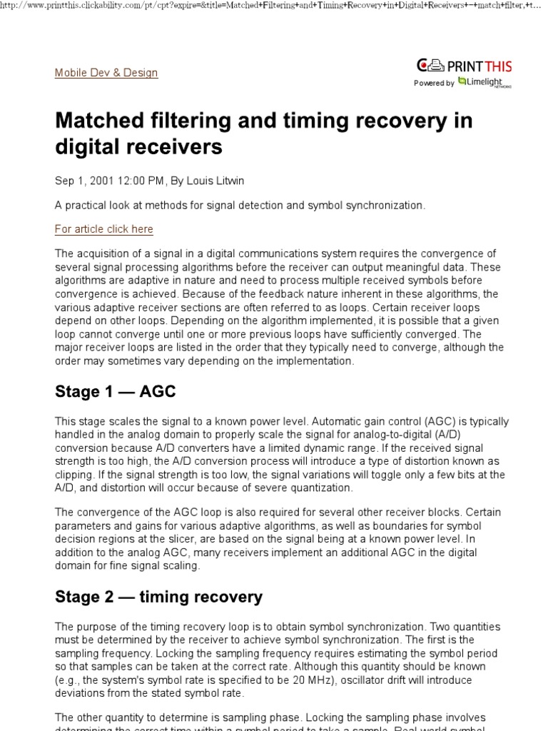 Matched Filtering in Signal Detection | PDF | Analog To Digital ...