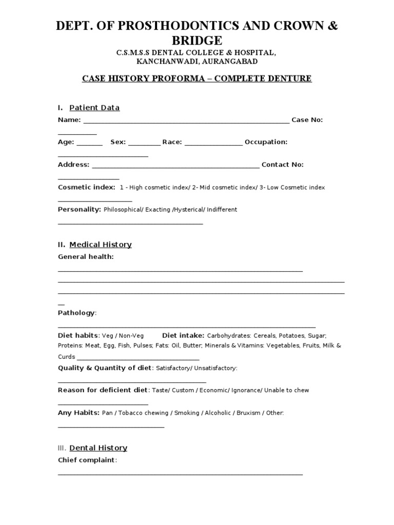Dept. Of Prosthodontics And Crown & Bridge Case History Proforma
