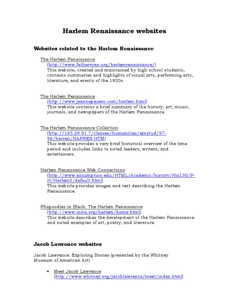 Harlem Renaissance Resource Websites | PDF | Harlem Renaissance | Harlem