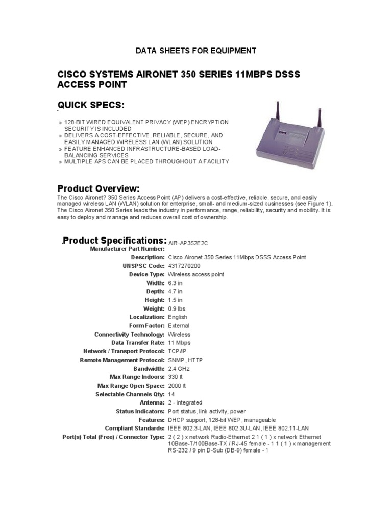 Specifications and Technical Details for Cisco Systems 350 Series 11Mbps DSSS Access