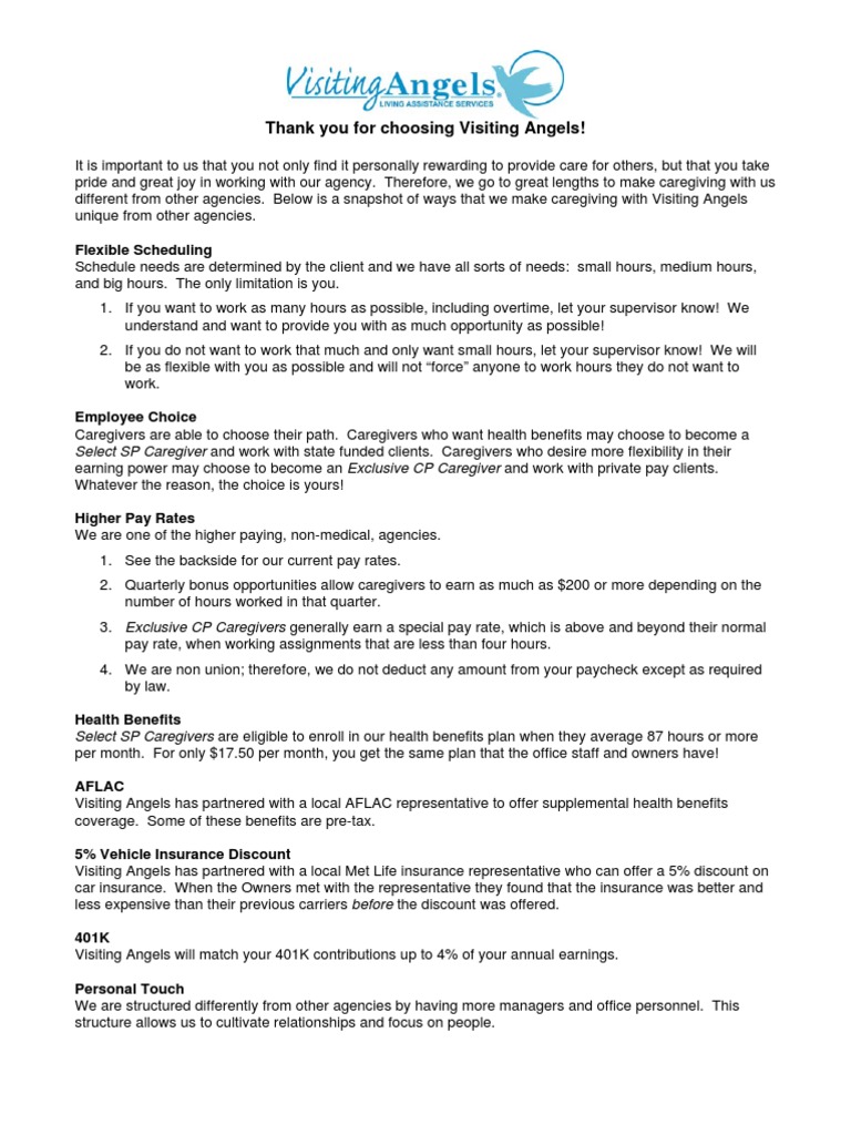 Visiting Angels Rate of Pay as of 2010 401(K) Caregiver