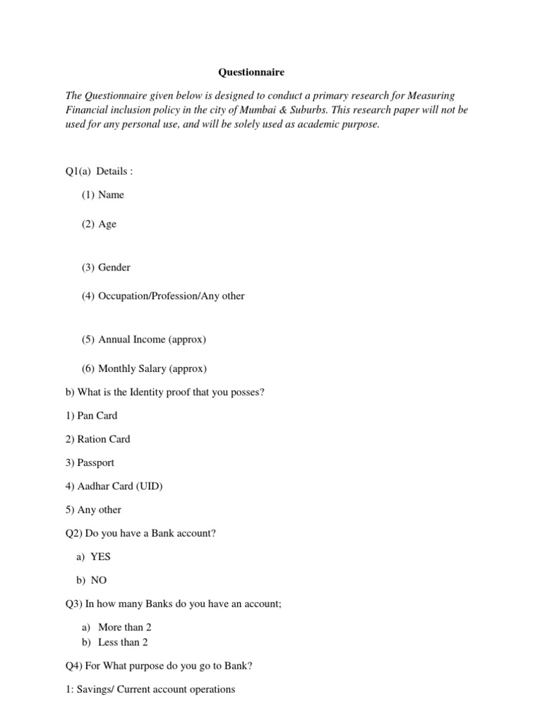 Digital Financial Inclusion Survey Questionnaire | PDF | Financial ...