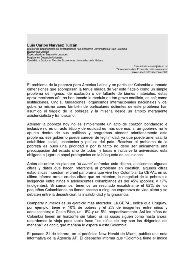 Resumen sobre la pobreza en Colombia | PDF | Pobreza | Pobreza e indigencia