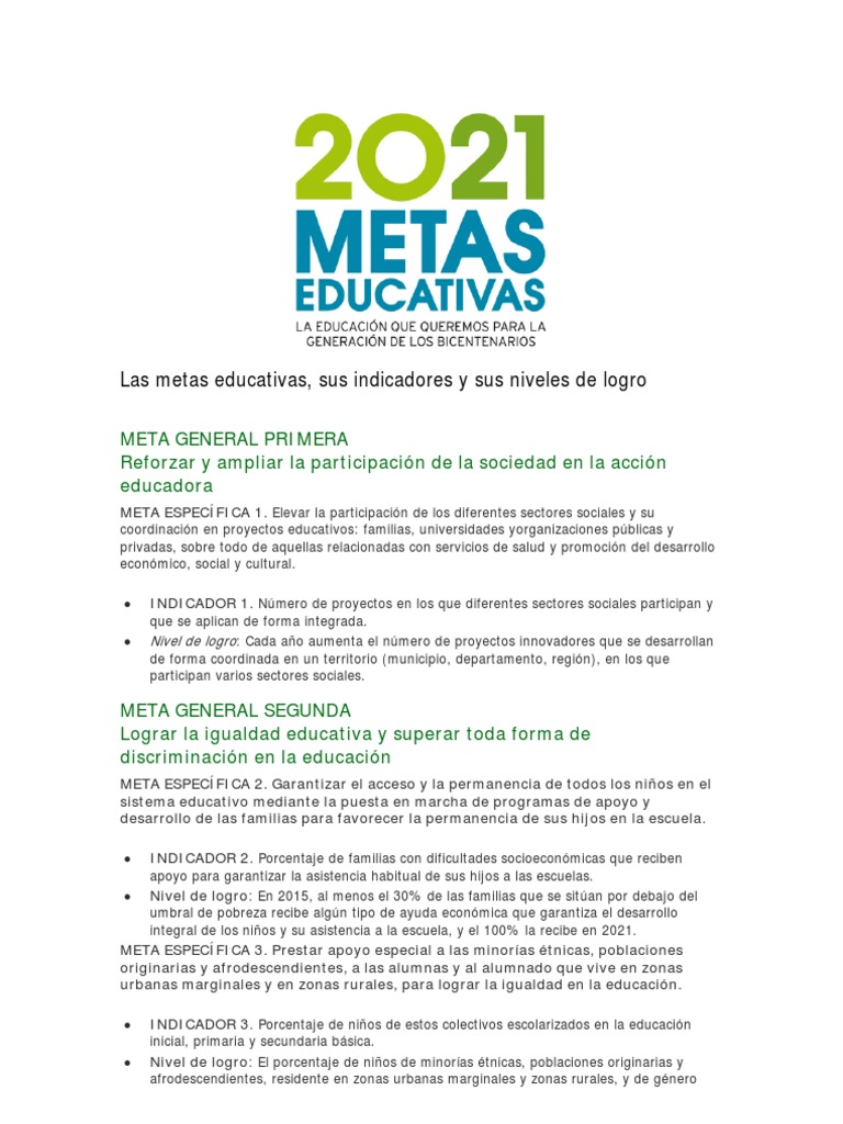 Metas Educativas Indicadores y Niveles de Logro | PDF | Educación ...