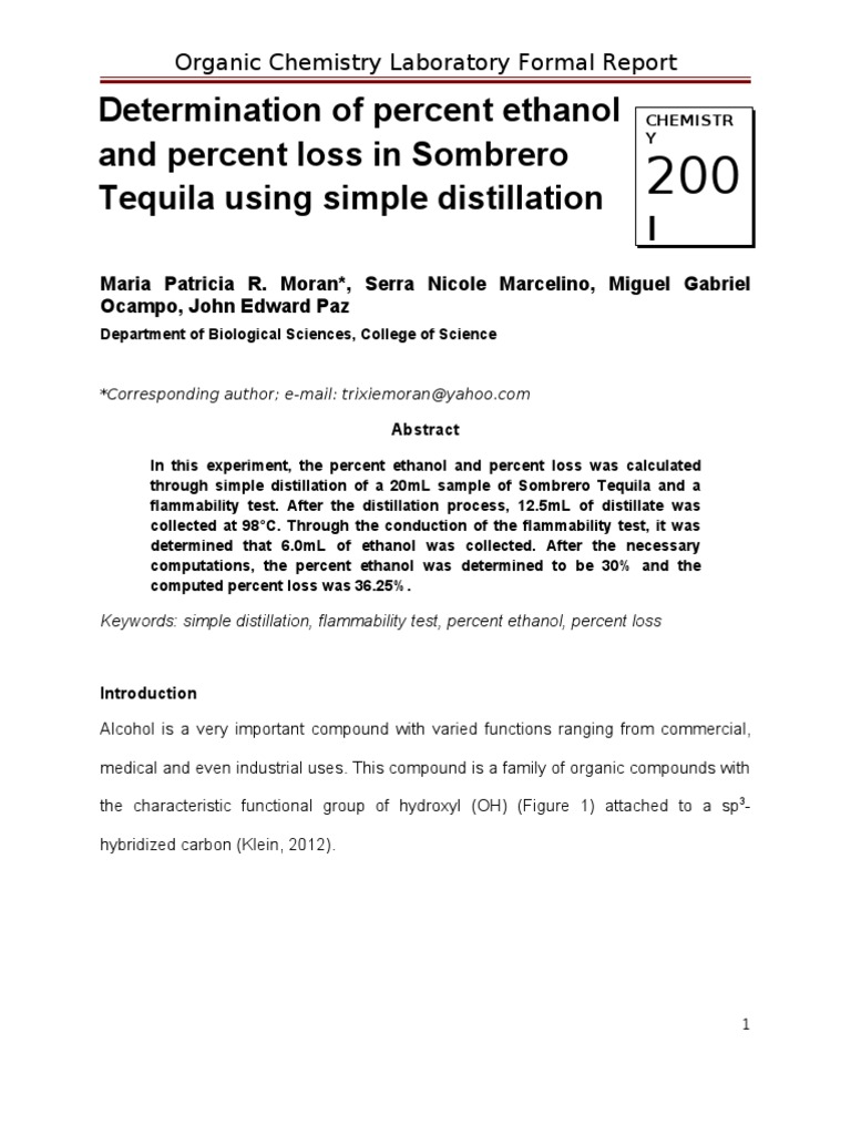 Formal Report Distillation of ALcoholic Beverages PDF Distillation Ethanol