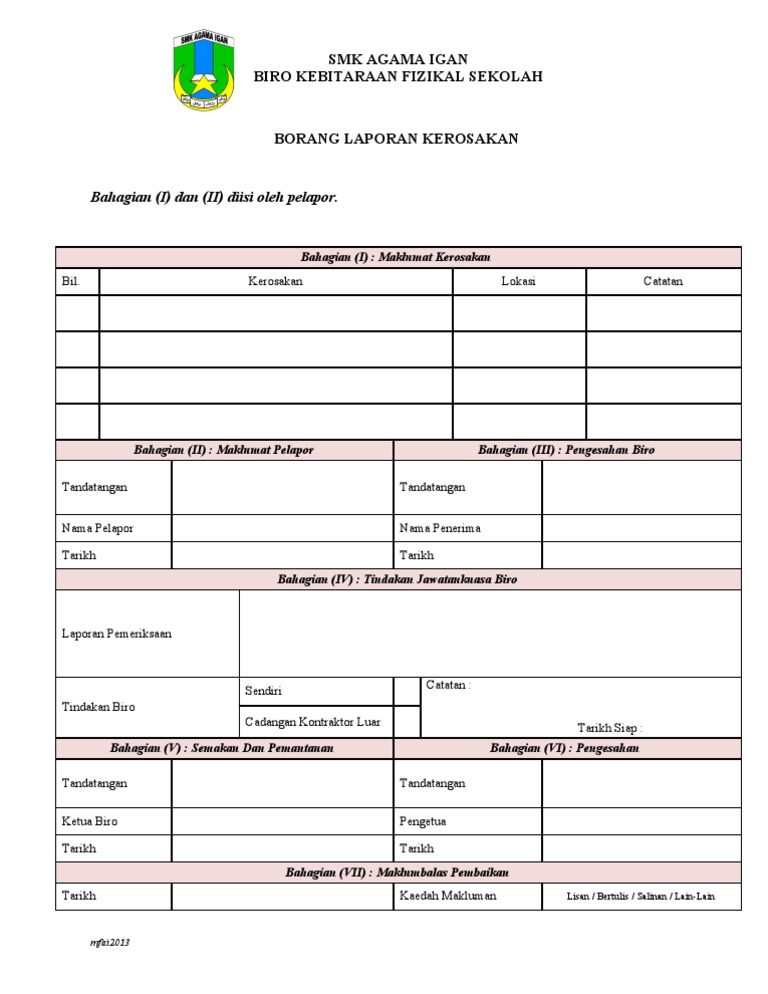 Borang Laporan Kerosakan Bangunan