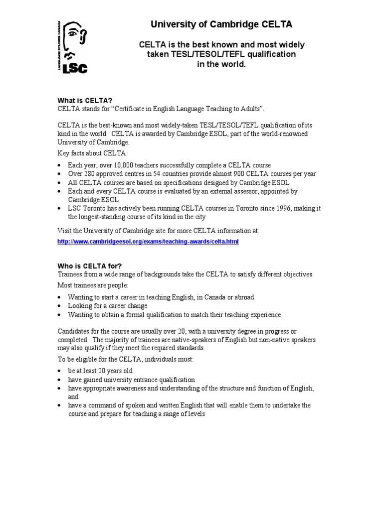 CELTA Certification Overview in Canada | PDF | English As A Second Or ...