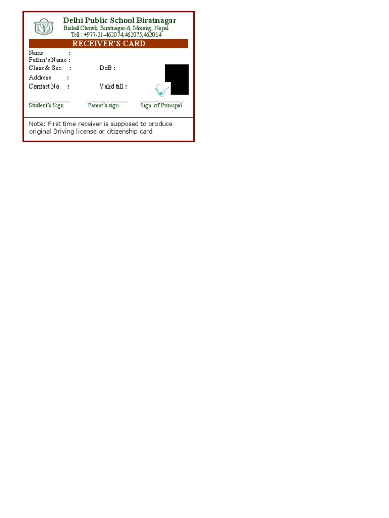 Student Receiver's Card Template | PDF