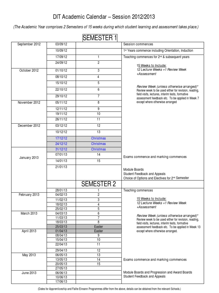 DIT Academic Calendar 2012/2013 | PDF | Academic Term | Schools
