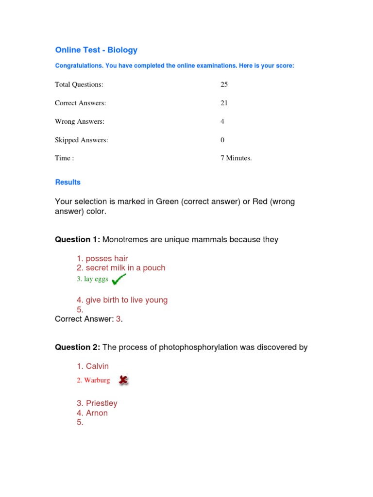 Online Test Biology Total Questions 25 Correct Answers 21 Wrong
