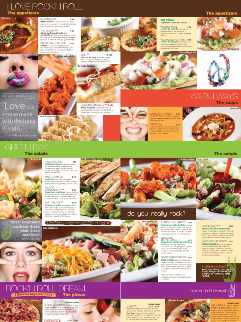Menú de Pizzas y Entrantes Rockeros | PDF | Taco | Pizza