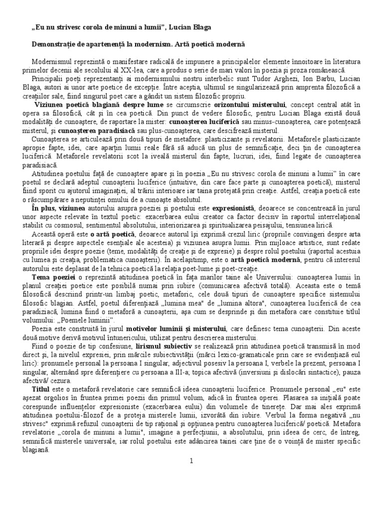 Comentariu Eu nu strivesc corola de minuni a lumii