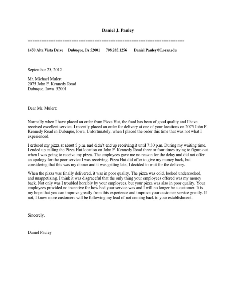 Daniel J. Pauley 1450 Alta Vista Drive Dubuque, IA 52001 708.285.1256