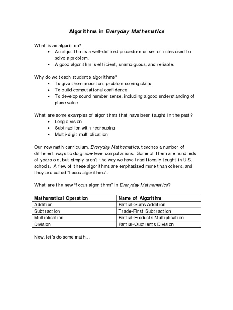 Algorithms in Everyday Mathematics | Subtraction | Algorithms