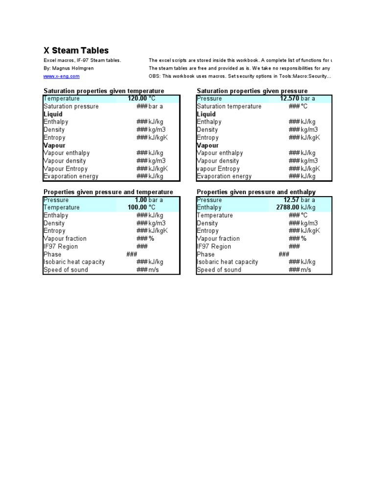 X Steam Tables with Excel Macros | PDF | Technology & Engineering