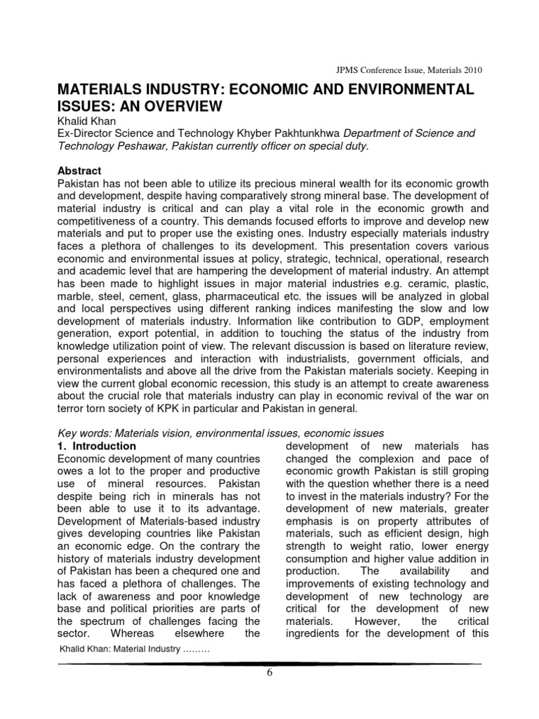 Materials Industry Economic and Environmental Issues An Overview