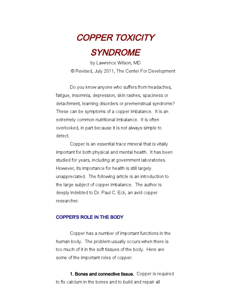 Copper Toxicity Syndrome | PDF | Anemia | Premenstrual Syndrome