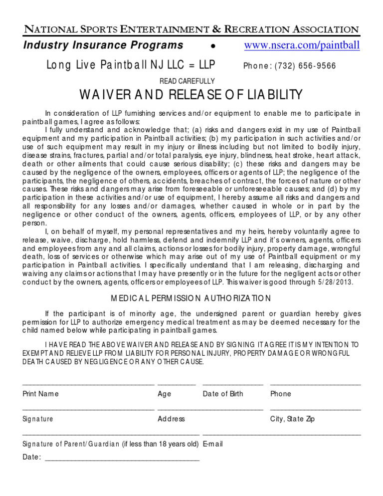 Waiver and Release of Liability Long Live Paintball NJ LLC LLP PDF
