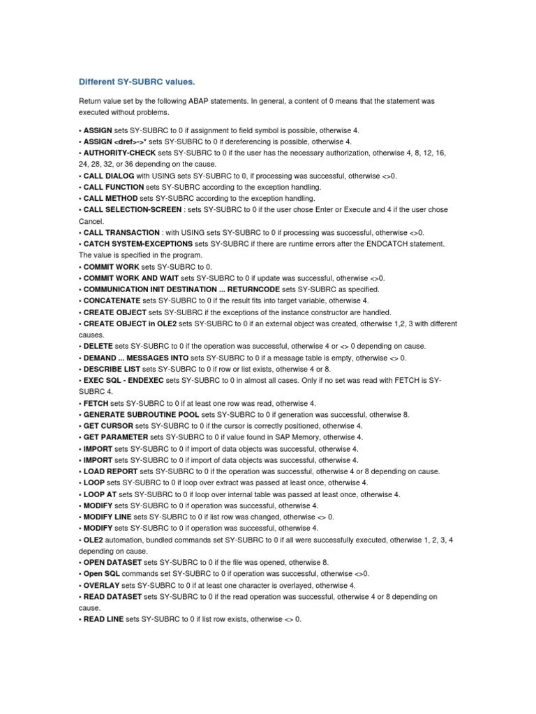 Sap Return Codes