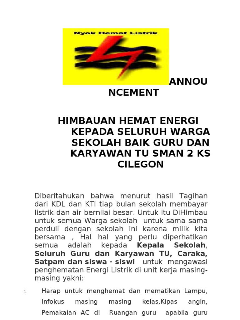 Himbauan Hemat Energi Kepada Seluruh Warga Sekolah Baik Guru Dan Karyawan Tu Sman 2 Ks Cilegon