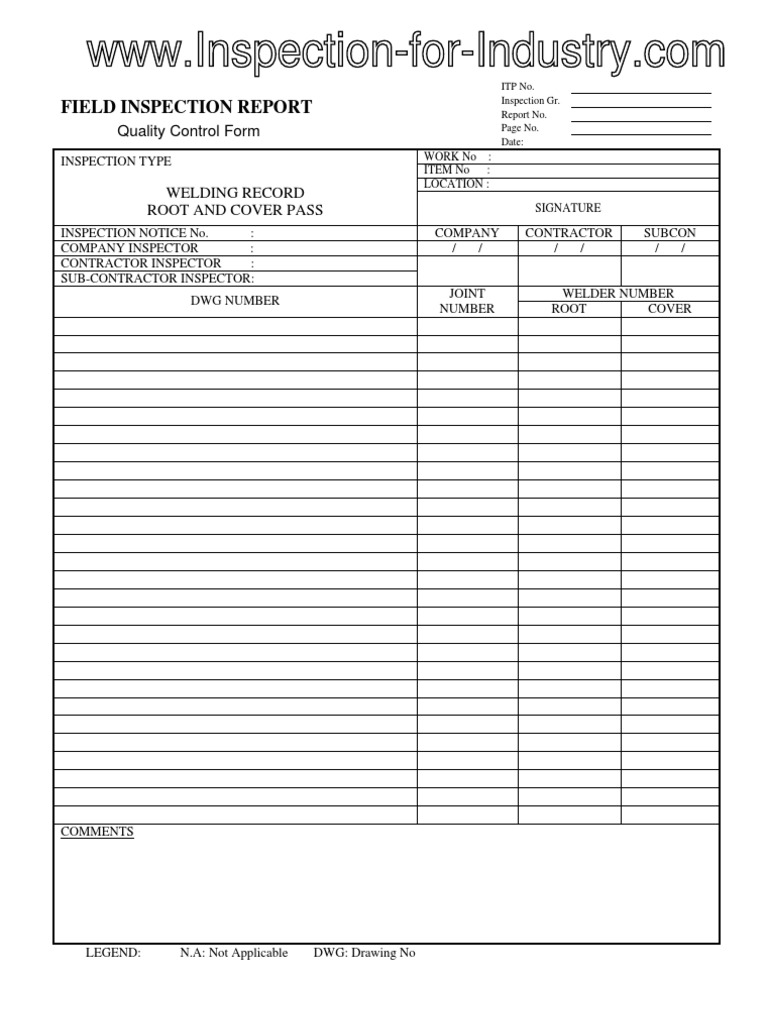 Welding Quality Control and Inspection Form  PDF Throughout Welding Inspection Report Template
