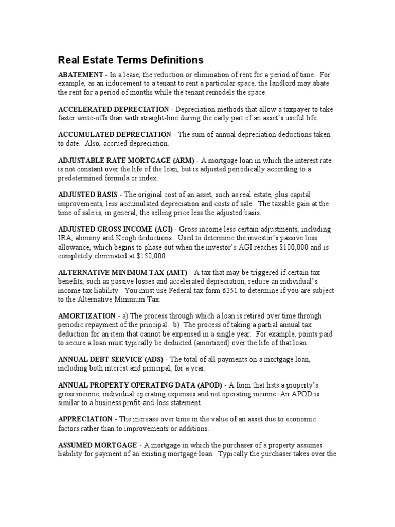 Real Estate Terms Definitions PDF Loans Mortgage Loan