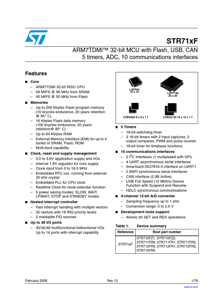 STR71xF: ARM7TDMI™ 32-Bit MCU With Flash, USB, CAN 5 Timers, ADC, 10 ...