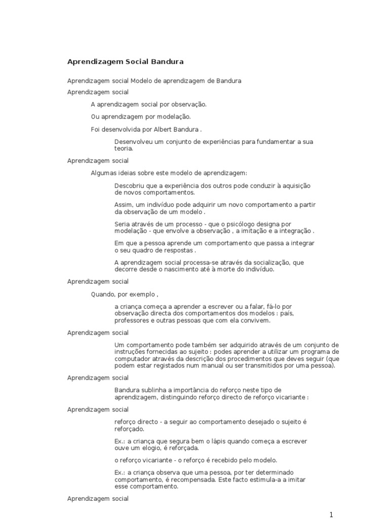 Teoria da Aprendizagem Social de Bandura | PDF | Aprendizado ...