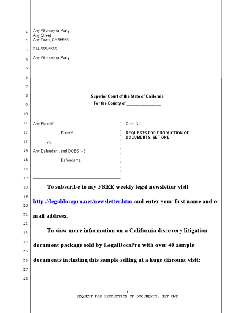 California Request for Production Template | PDF | Discovery (Law ...