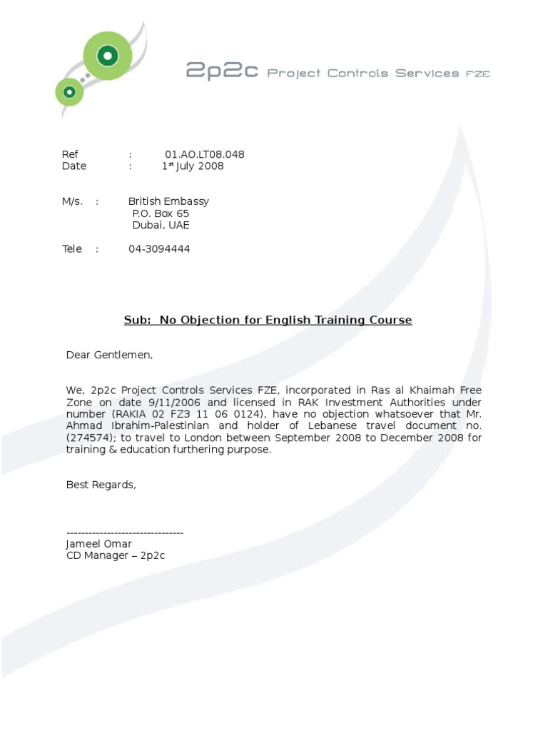 No Objection Letter - Ahmad Ibrahim (British Embassy)  PDF  Arab Regarding Letter Of Objection Template