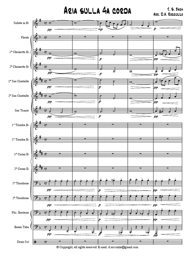 Johann Sebastian Bach Aria Sulla Quarta Corda Arrangiamento Per Banda Di Roccuzzo Dino Andrea Partitura