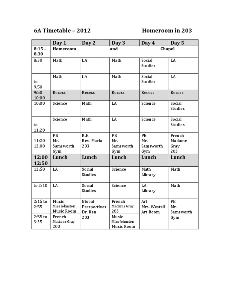 Grade 6 Traditional Timetable 2012 | PDF | Social Science