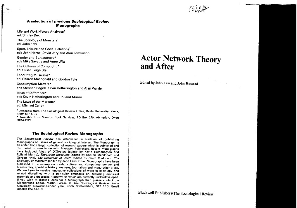 Actor Network Theory and After | PDF