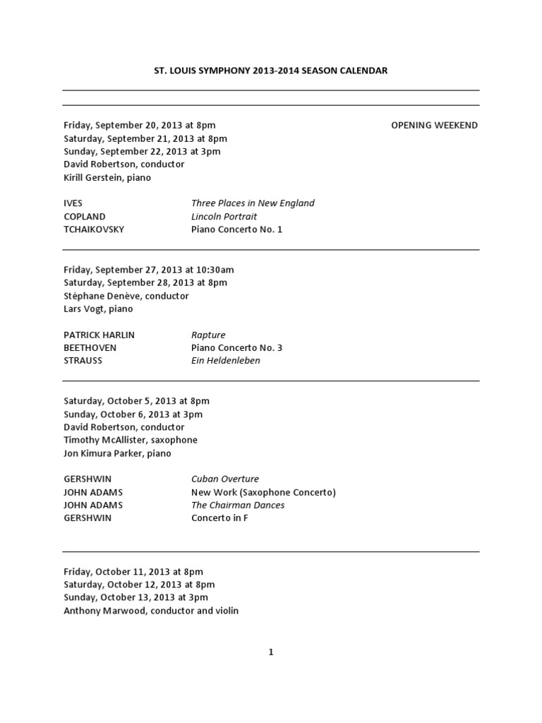 St. Louis Symphony 2013-2014 Chronological Schedule | Concerto | Symphony | Free 30-day Trial ...