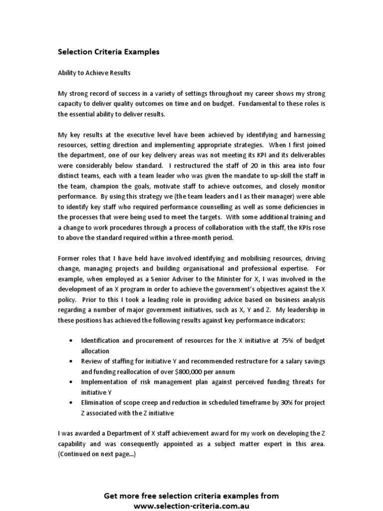 Selection Criteria Examples  PDF  Performance Indicator  Leadership