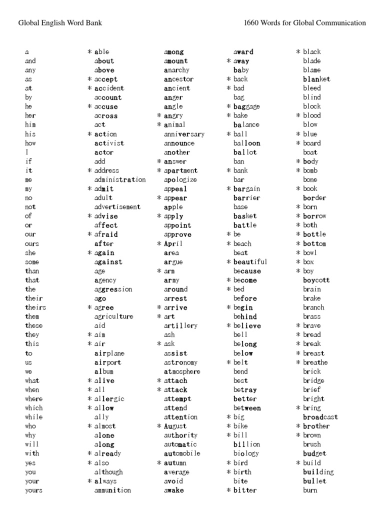 English Word Bank Worksheet