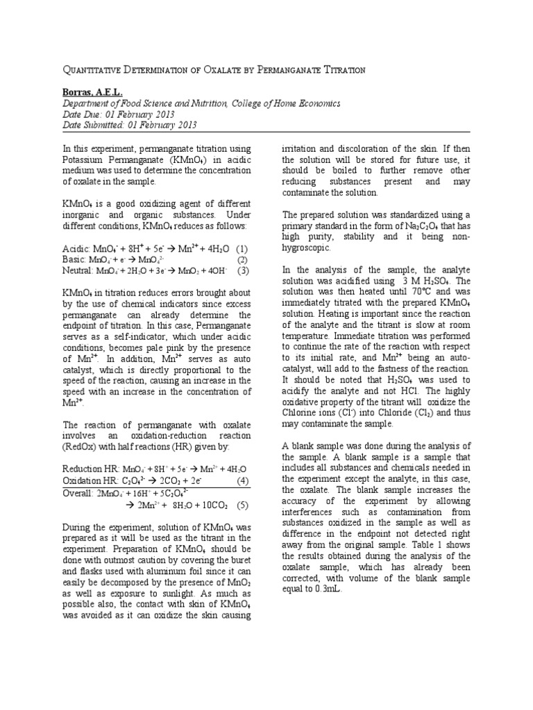 Determination of the percentage of oxalate in ironii oxalate by redox titration essay 03 picture