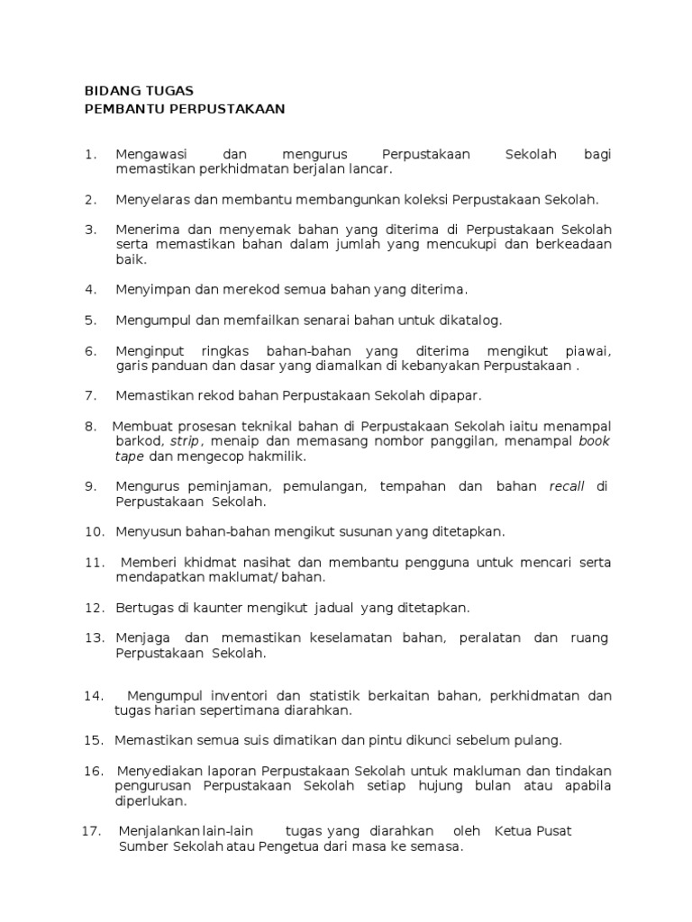 Bidang Tugas Pembantu Perpustakaan Pdf